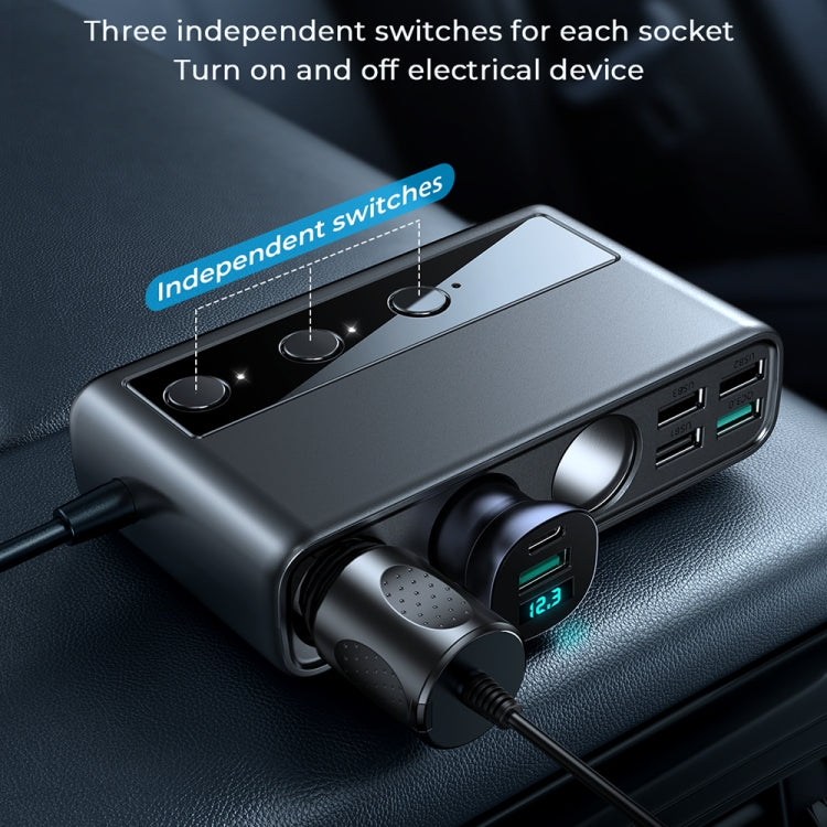 JOYROOM JR-CL06 9 in 1 154W PD USB-C / Type-C + Dual QC3.0 USB + 3 USB + 3 Cigarette Lighter Holes Digital Display Car Charger