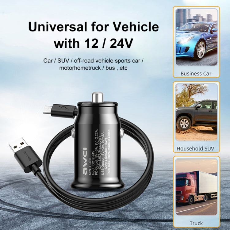 awei C-706 20W PD Type-C + QC 3.0 Type-A Car Charger with CL-110T Data Cable ÎҵÄÉ̵ê