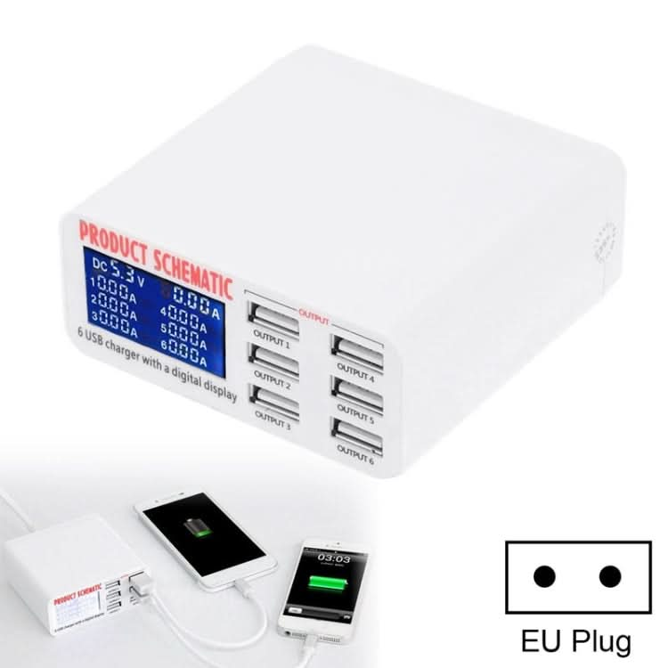 899 30W QC 3.0 6 USB Ports Fast Charger with LCD Digital Display, EU Plug