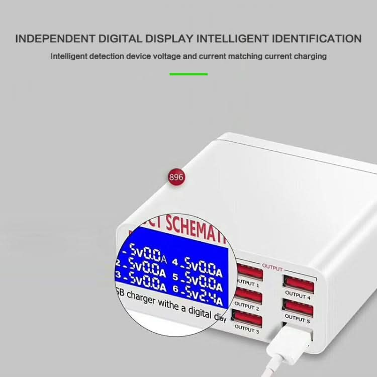 899 30W QC 3.0 6 USB Ports Fast Charger with LCD Digital Display, EU Plug