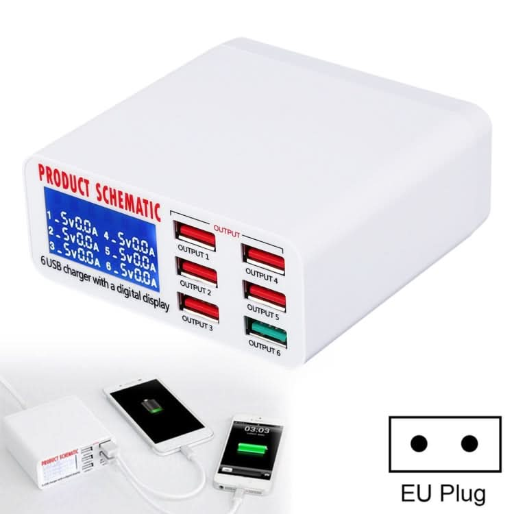 896 40W QC 3.0 6 USB Ports Fast Charger with LCD Digital Display, EU Plug