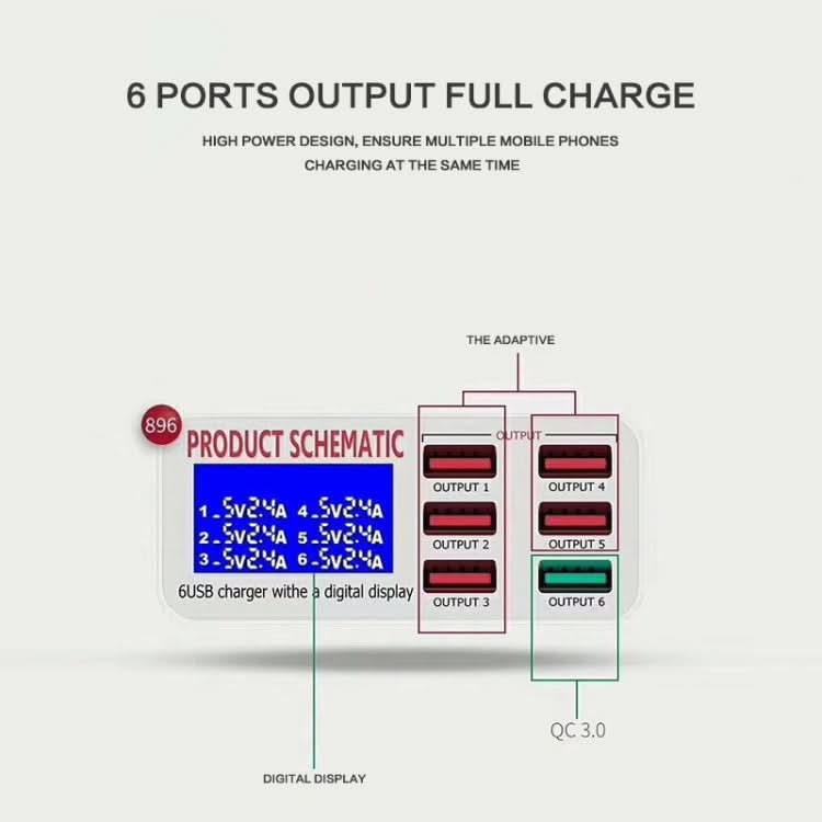 896 40W QC 3.0 6 USB Ports Fast Charger with LCD Digital Display, EU Plug