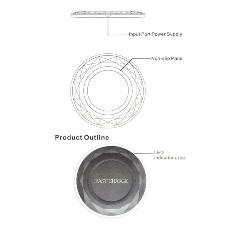 DC5V Input Diamond Qi Standard Fast Charging Wireless Charger, Cable Length: 1m