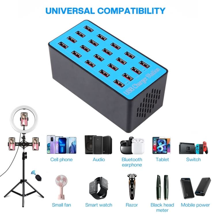 WLX-A5+ 100W 20 USB Ports Charger Station Automatically Assigned Smart Charger with Power LED Indicator, EU Plug