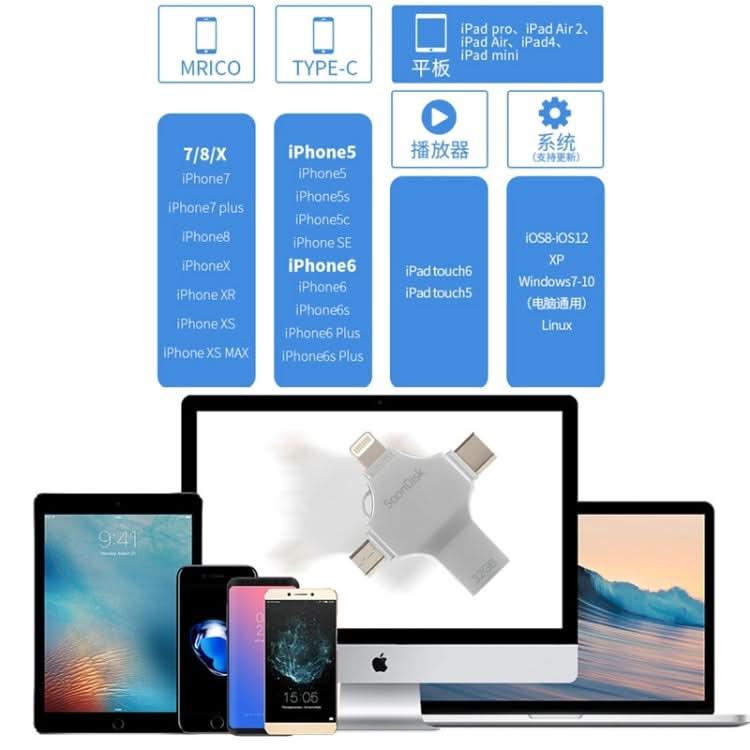 4 in 1 32GB USB 3.0 + 8 Pin + Mirco USB + USB-C / Type-C Dual-use Flash Drive with OTG Function