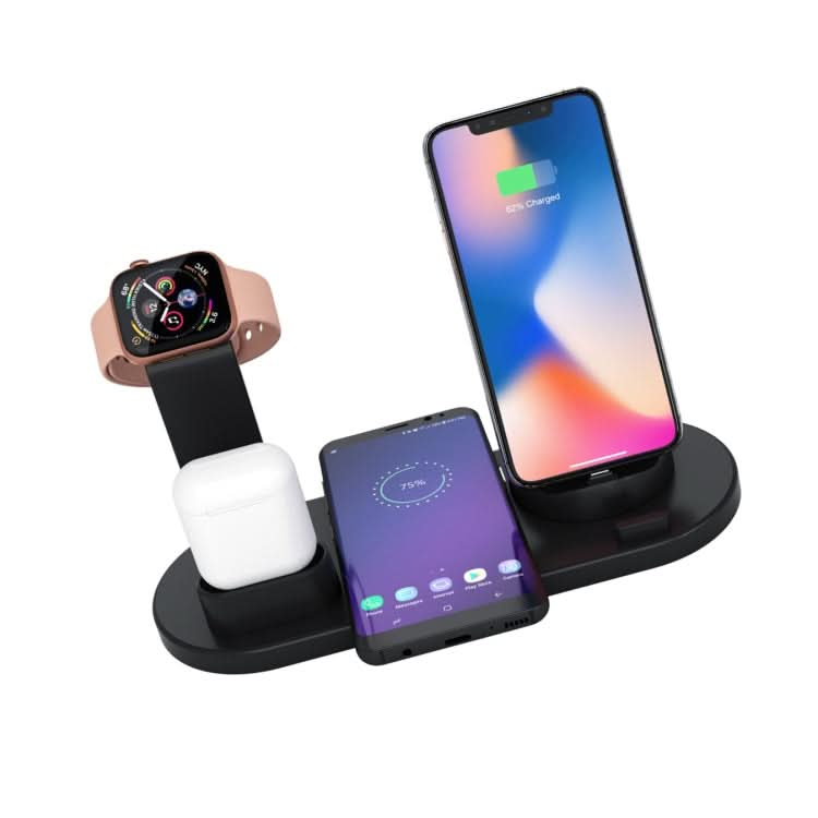 HQ-UD15 5 in 1 8 Pin + Micro USB + USB-C / Type-C Interfaces + 8 Pin Earphone Charging Interface + Wireless Charging Charger Base with Watch Stand (White)