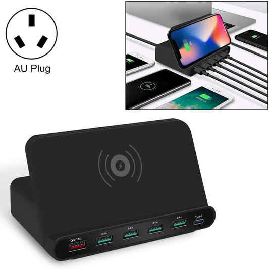 828W 7 in 1 60W QC 3.0 USB Interface + 4 USB Ports + USB-C / Type-C Interface + Wireless Charging Multi-function Charger with Mobile Phone Holder Function, AU Plug