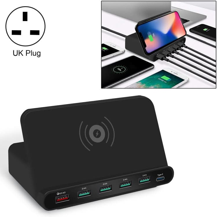 828W 7 in 1 60W QC 3.0 USB Interface + 4 USB Ports + USB-C / Type-C Interface + Wireless Charging Multi-function Charger with Mobile Phone Holder Function, UK Plug