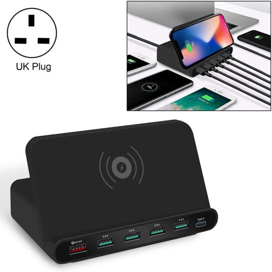 828W 7 in 1 60W QC 3.0 USB Interface + 4 USB Ports + USB-C / Type-C Interface + Wireless Charging Multi-function Charger with Mobile Phone Holder Function, UK Plug