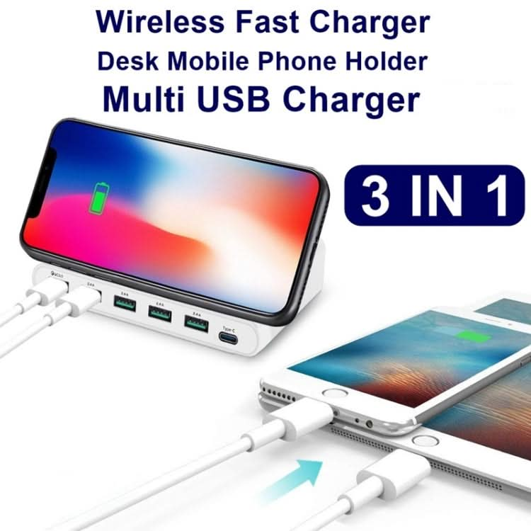 828W 7 in 1 60W QC 3.0 USB Interface + 4 USB Ports + USB-C / Type-C Interface + Wireless Charging Multi-function Charger with Mobile Phone Holder Function, UK Plug