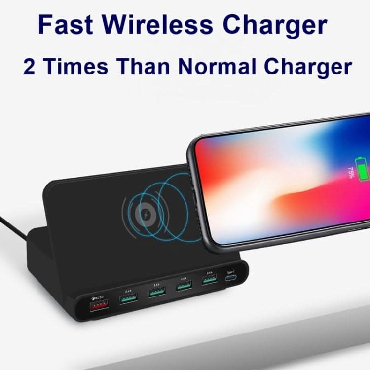 828W 7 in 1 60W QC 3.0 USB Interface + 4 USB Ports + USB-C / Type-C Interface + Wireless Charging Multi-function Charger with Mobile Phone Holder Function, UK Plug