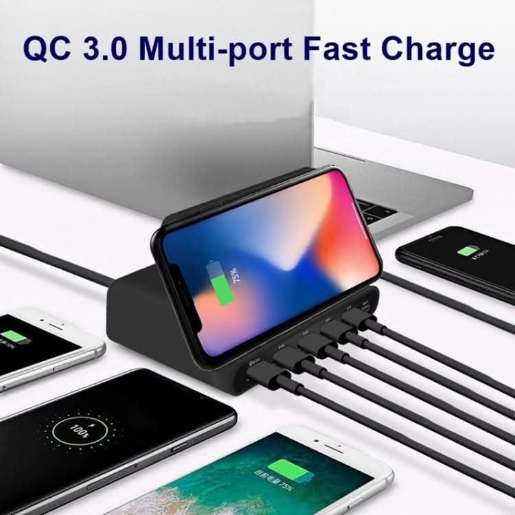 828W 7 in 1 60W QC 3.0 USB Interface + 4 USB Ports + USB-C / Type-C Interface + Wireless Charging Multi-function Charger with Mobile Phone Holder Function, UK Plug