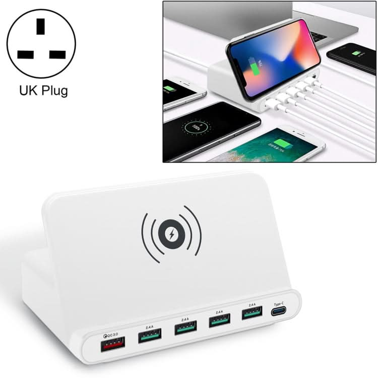 828W 7 in 1 60W QC 3.0 USB Interface + 4 USB Ports + USB-C / Type-C Interface + Wireless Charging Multi-function Charger with Mobile Phone Holder Function, UK Plug