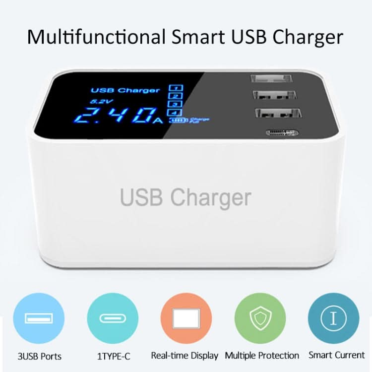 CDA30 20W 3 USB Ports + USB-C / Type-C Ports Multi-function Charger with LED Display, UK Plug