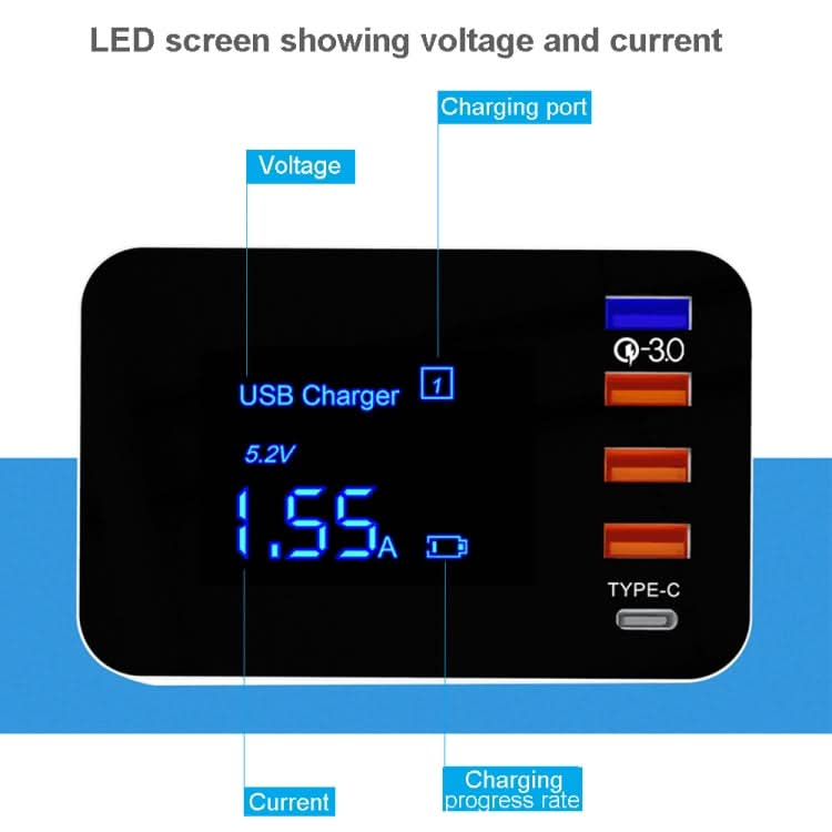 CDA33Q 40W QC 3.0 USB + 3 USB Ports + USB-C / Type-C Ports Multi-function Charger with LED Display, AU Plug