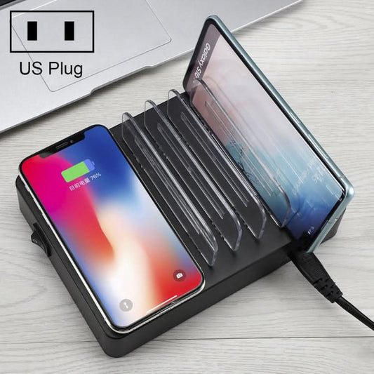 50W 6 USB Ports + 2 USB-C / Type-C Ports + Wireless Charging Multi-function Charger with LED Display & Detachable Bezel, US Plug