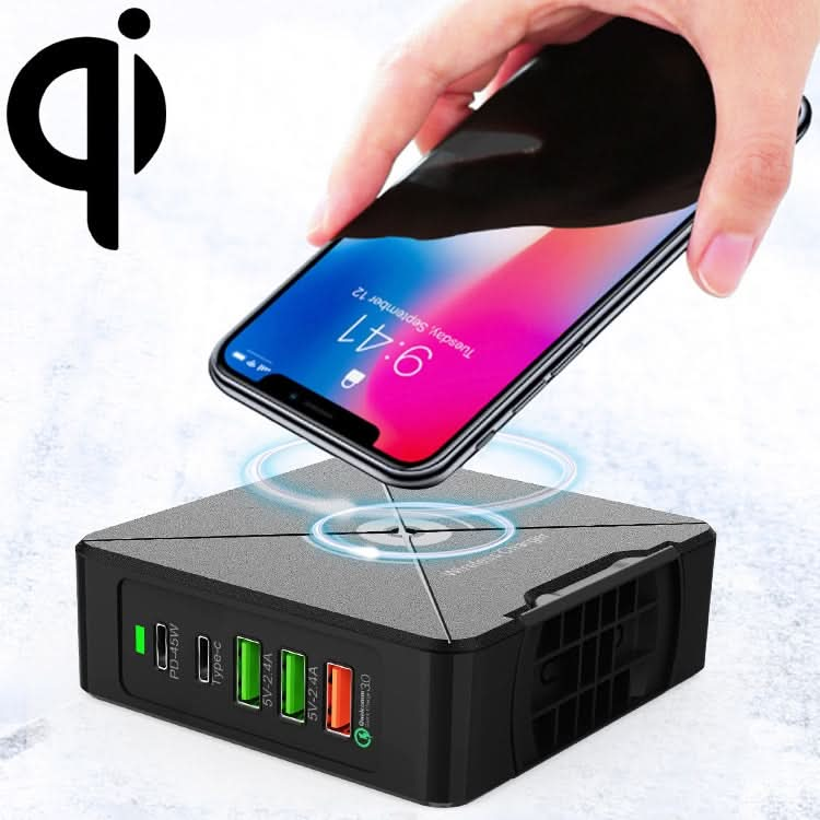 F88W 3 x USB + 2 x USB-C / Type-C Ports QC3.0 Desktop Charger with Wireless Charging Function