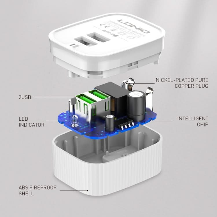 LDNIO A201 2.4A Dual USB Charging Head Travel Direct Charge Mobile Phone Adapter Charger With 8 Pin Data Cable