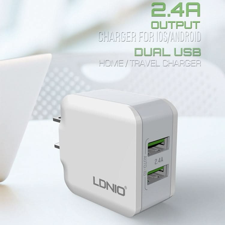 LDNIO A2201 2.4A Dual USB Charging Head Travel Direct Charge Mobile Phone Adapter Charger With 8 Pin Data Cable