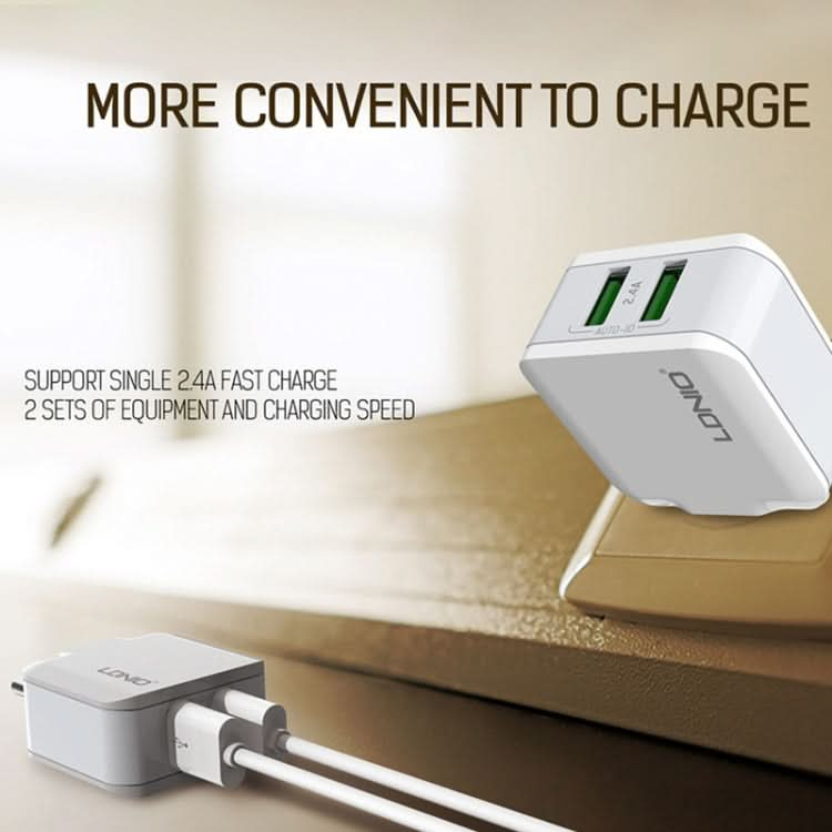 LDNIO A2201 2.4A Dual USB Charging Head Travel Direct Charge Mobile Phone Adapter Charger With 8 Pin Data Cable