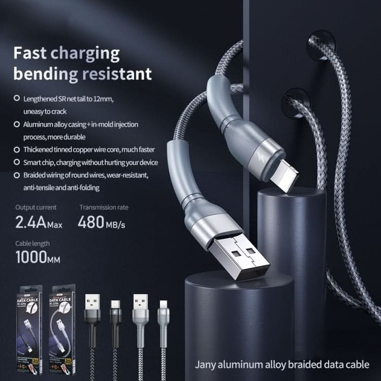 REMAX RC-124i 1m 2.4A USB to 8 Pin Aluminum Alloy Braid Fast Charging Data Cable for iPhone, iPad