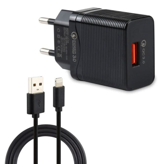 LZ-728 2 in 1 18W QC 3.0 USB Interface Travel Charger + USB to 8 Pin Data Cable Set, EU Plug, Cable Length: 1m