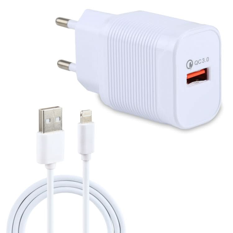 LZ-728 2 in 1 18W QC 3.0 USB Interface Travel Charger + USB to 8 Pin Data Cable Set, EU Plug, Cable Length: 1m