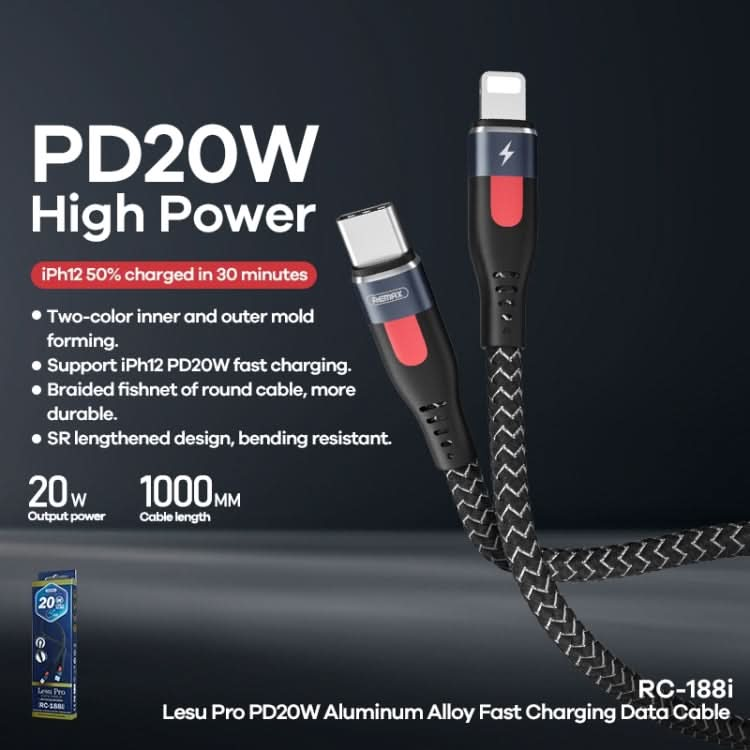 REMAX RC-188i Lesu Pro 1m PD20W Type-C to 8 Pin Aluminum Alloy Braid Fast Charging Data Cable