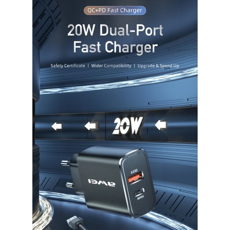 awei PD7 20W QC + PD Fast Charging Travel Charger Power Adapter, EU Plug