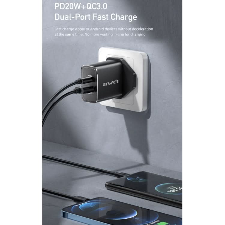 awei PD8 20W QC + PD Fast Charging Travel Charger Power Adapter, UK Plug