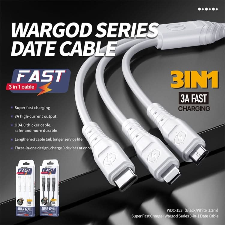 WK WDC-153 8 Pin + Type-C / USB-C + Micro USB 3 In 1 Fast Charging Data Cable, Length: 1.2m