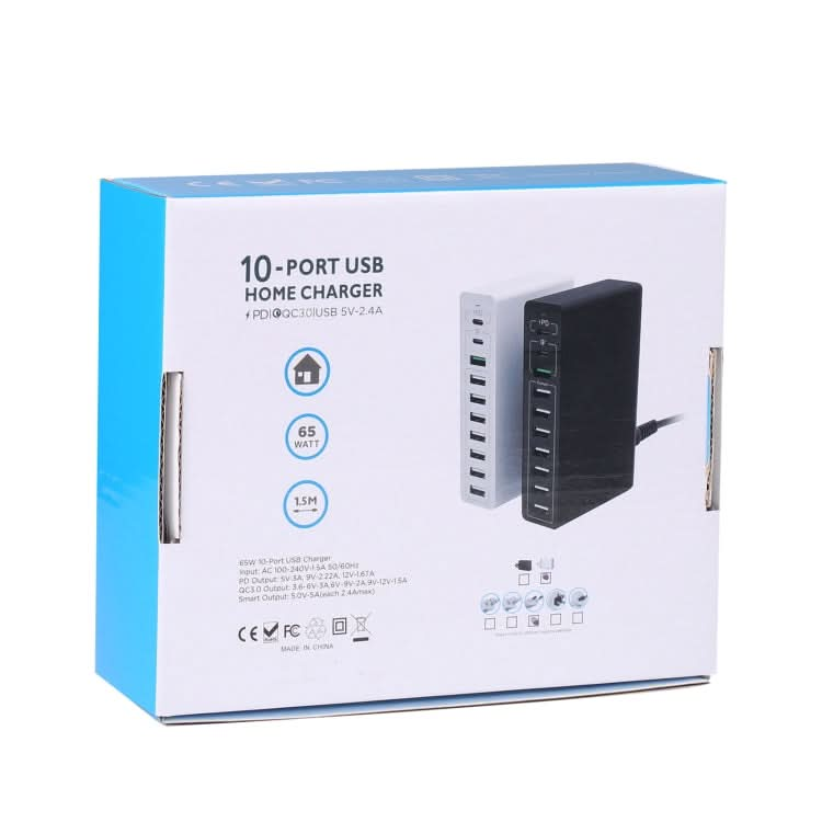 MFT-03Q 10 in 1 65W QC3.0 USB Smart Fast Charger, EU Plug