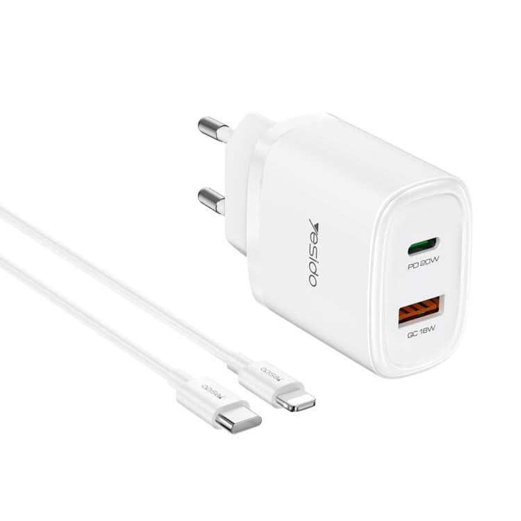 Yesido YC47 USB-C / Type-C + USB Travel Charger with 1m USB-C / Type-C to 8 Pin Cable, EU Plug