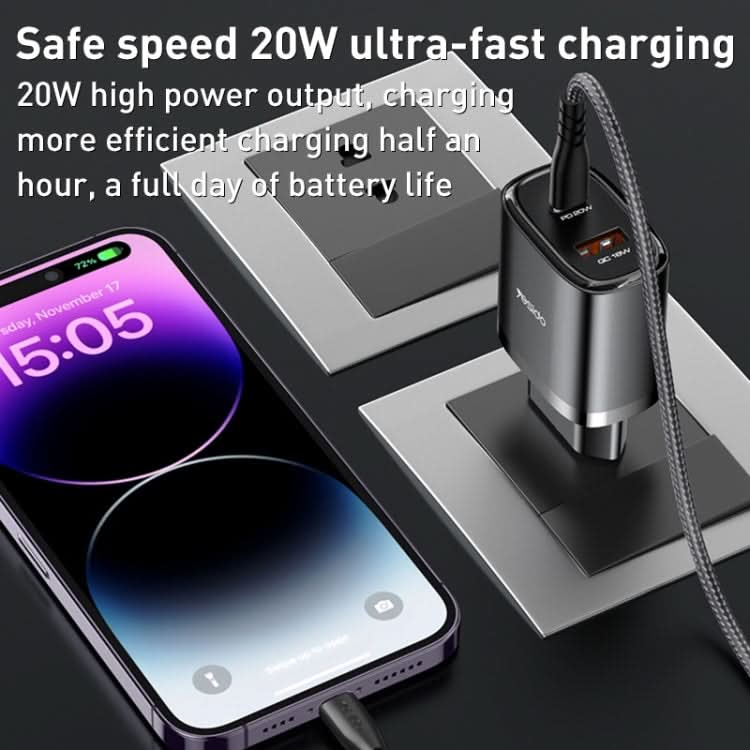 Yesido YC47 USB-C / Type-C + USB Travel Charger with 1m USB-C / Type-C to 8 Pin Cable, EU Plug