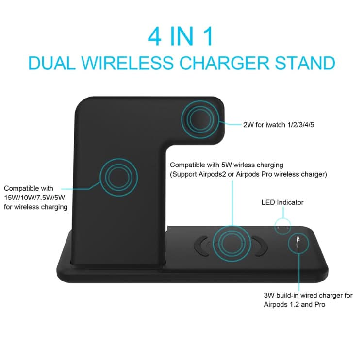 Q20 4 In 1 Wireless Charger Charging Holder Stand Station For iPhone / Apple Watch / AirPods, Support Dual Phones Charging