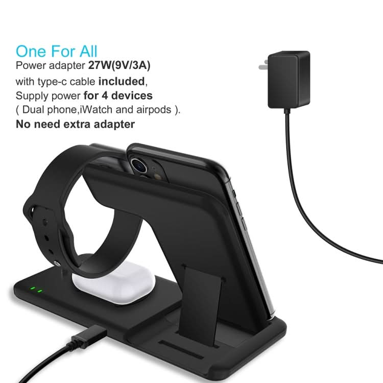 Q20 4 In 1 Wireless Charger Charging Holder Stand Station with Adapter For iPhone / Apple Watch / AirPods, Support Dual Phones Charging