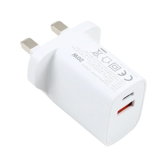 E087 20W USB-C / Type-C + USB Ports Fast Charging Travel Charger, UK Plug