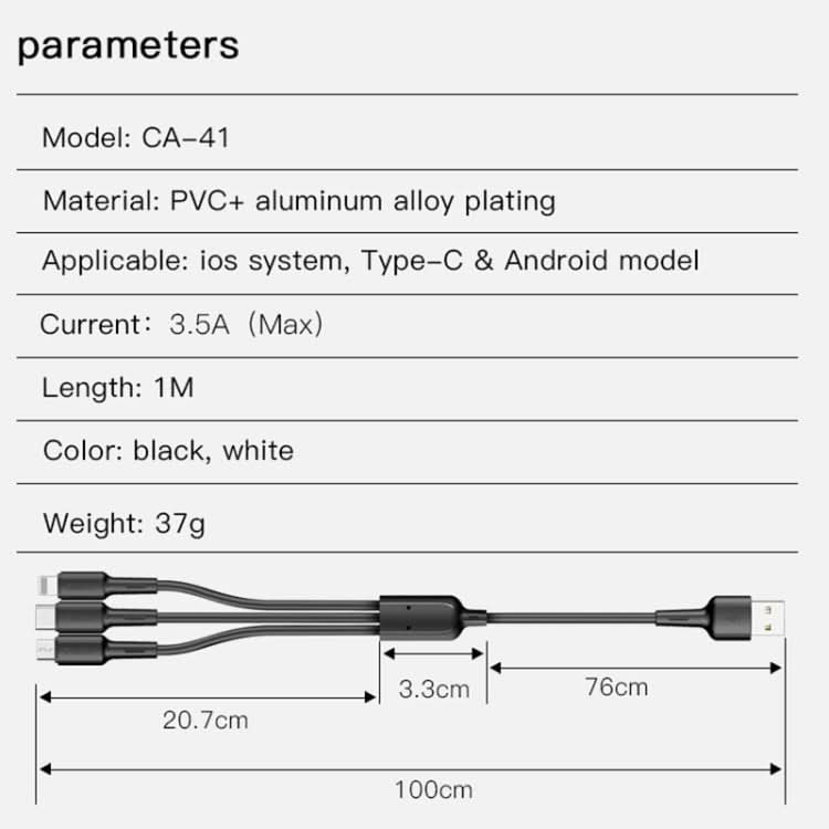 Yesido CA41 5A USB to 8 Pin + Micro + USB-C / Type-C Charging Cable, Length: 1m