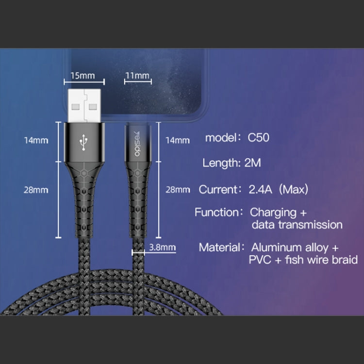 Yesido CA50 2.4A USB to Micro USB Charging Cable, Length: 2m