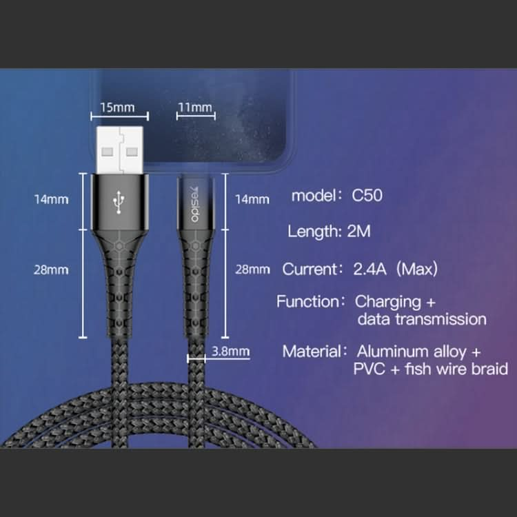 Yesido CA50 2.4A USB to 8 Pin Charging Cable, Length: 2m