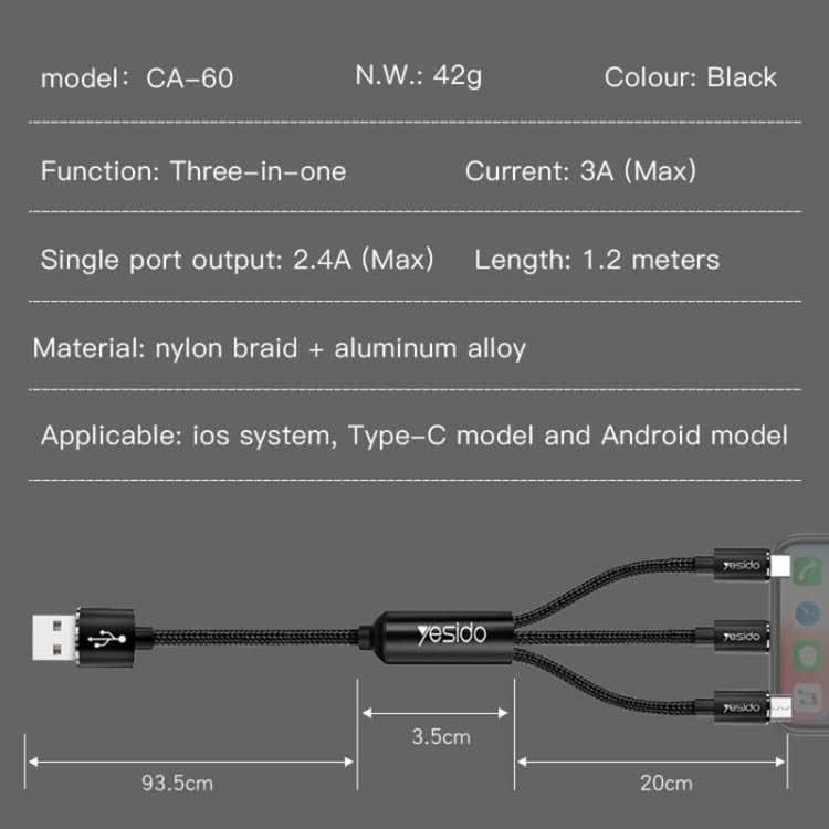 Yesido CA60 3A USB to 8 Pin + Micro USB + USB-C / Type-C Charging Cable, Length: 1.2m