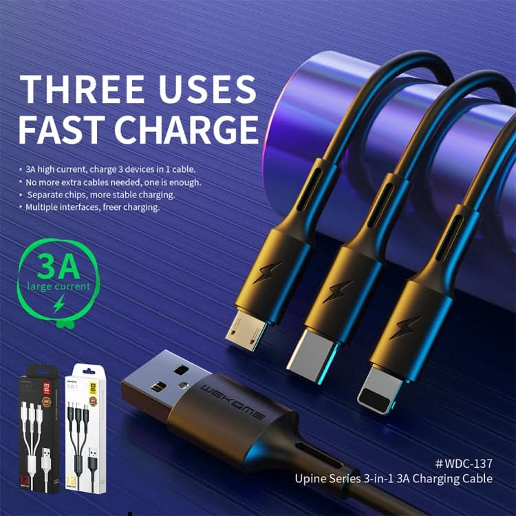 WK WDC-137 3 in 1 USB to Micro USB / 8 Pin + USB-C / Type-C 3A Fast Charing Cable