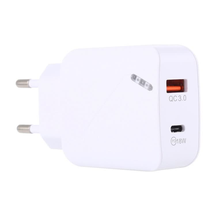 LZ-819A+C QC3.0 USB + PD 18W USB-C / Type-C Interfaces Travel Charger with Indicator Light, EU Plug