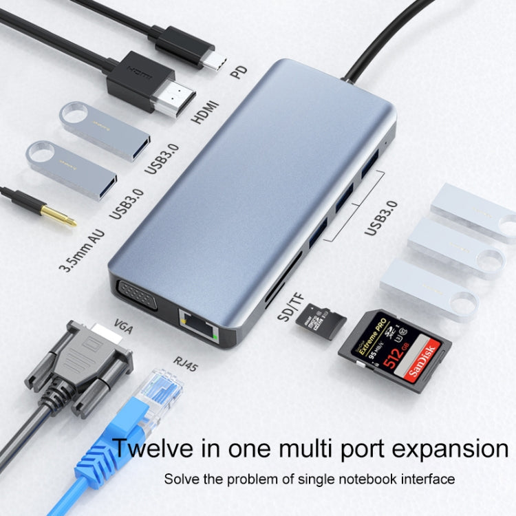 12 in 1 RJ45 + 100W PD + SD/TF + USB3.0x5+ HDMI + VGA + 3.5mm AUX to Type-C HUB Adapter