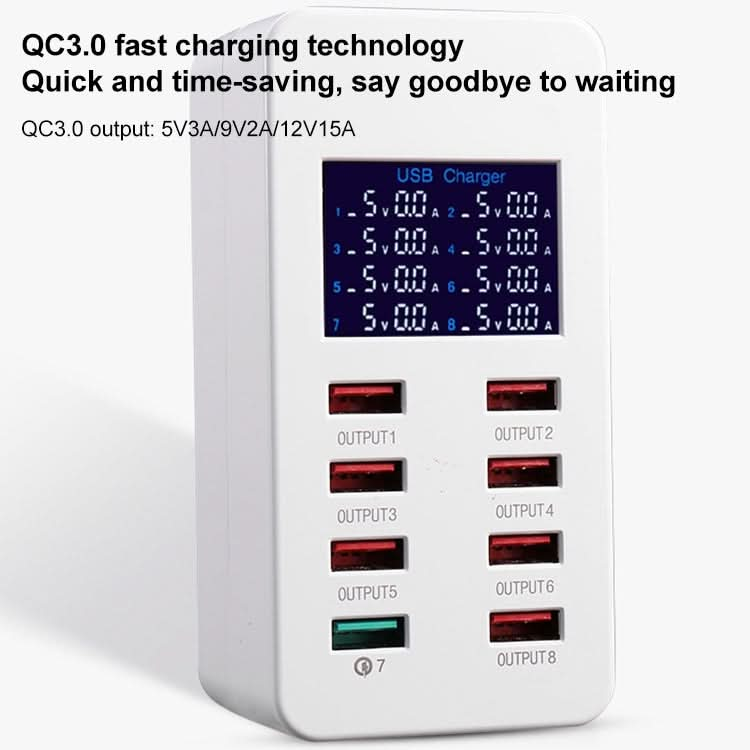 A8 50W 8 Ports USB + QC3.0 Smart Charging Station with Digital Display AC100-240V, US Plug