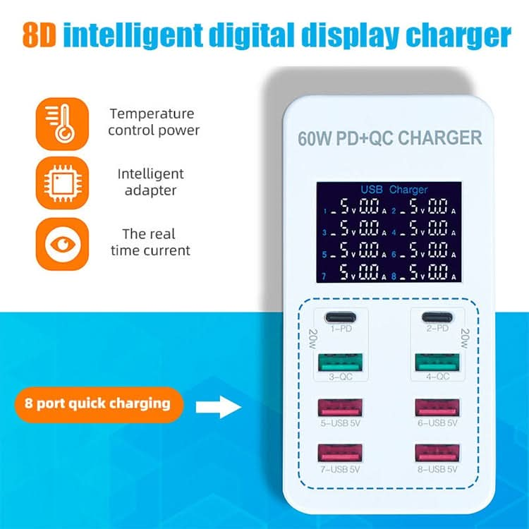 A8T 60W 8 Ports USB + QC3.0 + PD Type-C Smart Charging Station with Digital Display AC100-240V, AU Plug