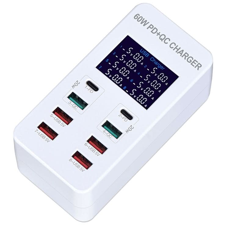 A8T 60W 8 Ports USB + QC3.0 + PD Type-C Smart Charging Station with Digital Display AC100-240V, US Plug