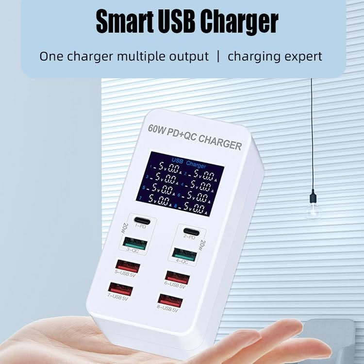 A8T 60W 8 Ports USB + QC3.0 + PD Type-C Smart Charging Station with Digital Display AC100-240V, US Plug