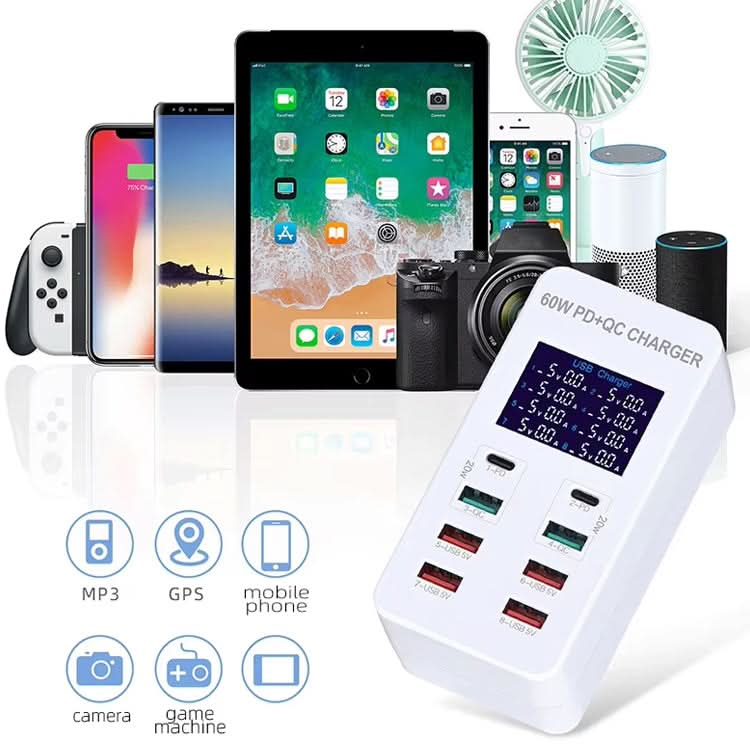 A8T 60W 8 Ports USB + QC3.0 + PD Type-C Smart Charging Station with Digital Display AC100-240V, US Plug