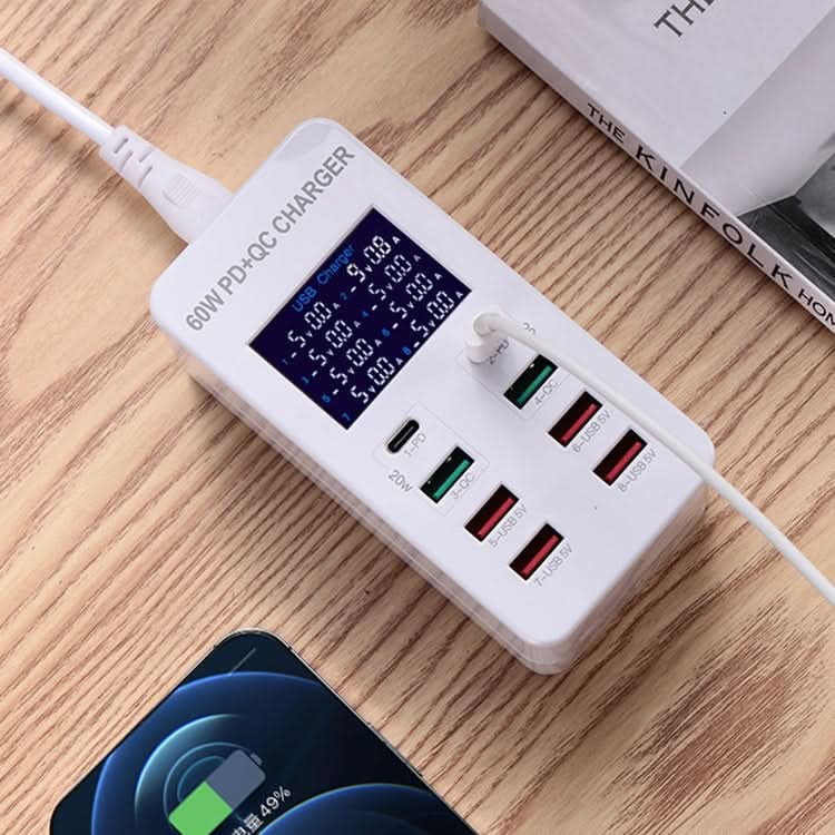 A8T 60W 8 Ports USB + QC3.0 + PD Type-C Smart Charging Station with Digital Display AC100-240V, EU Plug